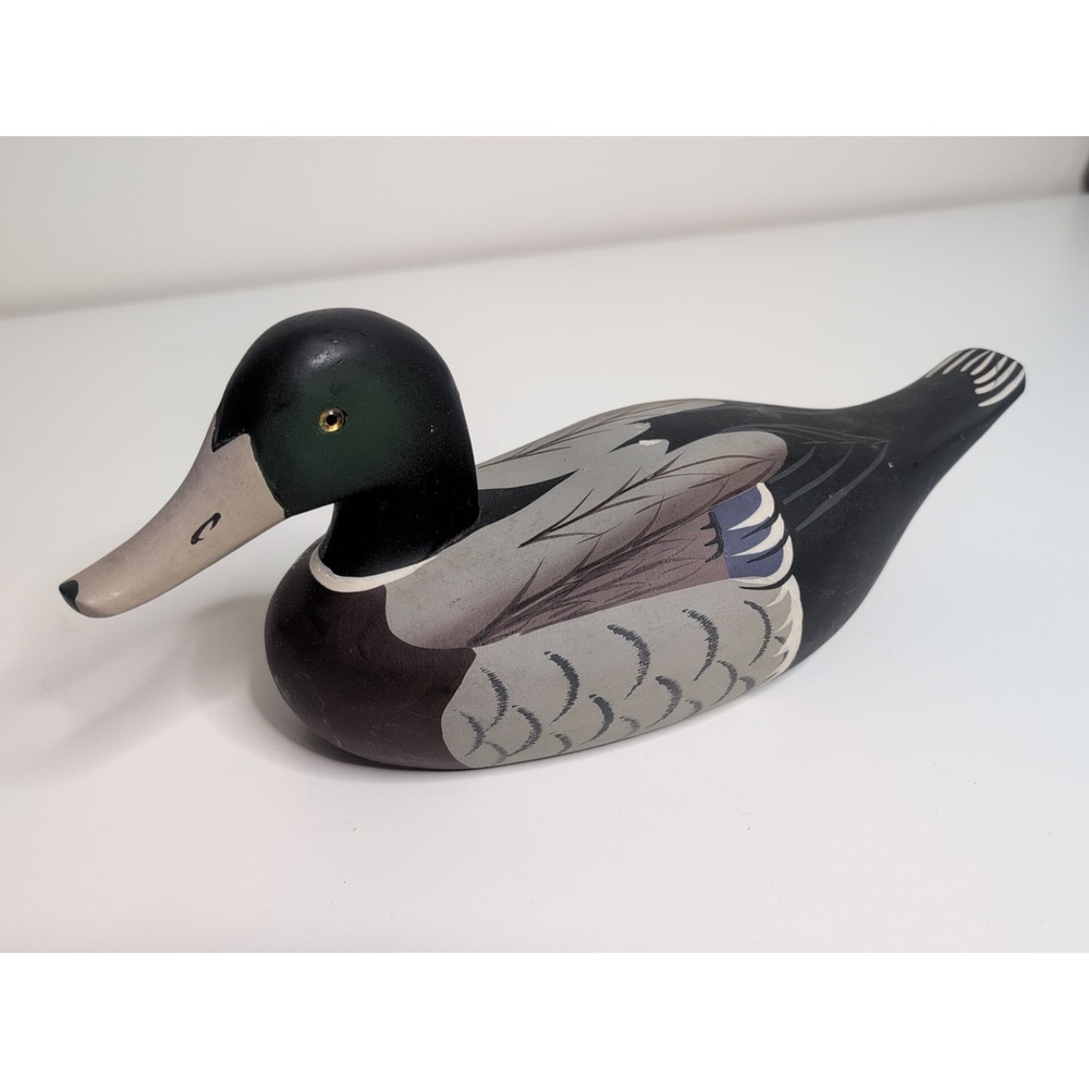 Vintage Hand Painted Hand Carved Wood Mallard Duck Decoy 15" Green Brown Black
